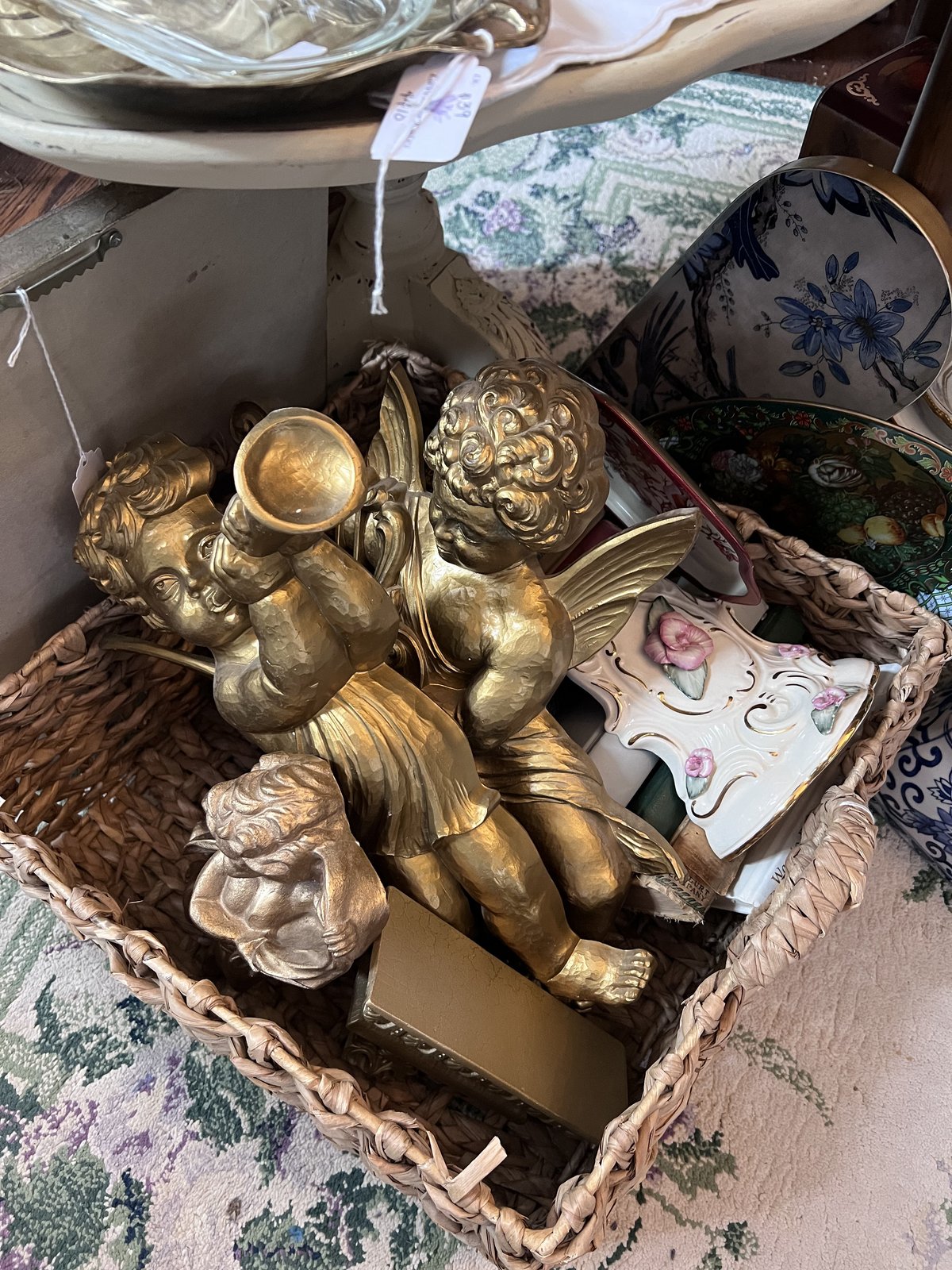A curated shelf of vintage decor
