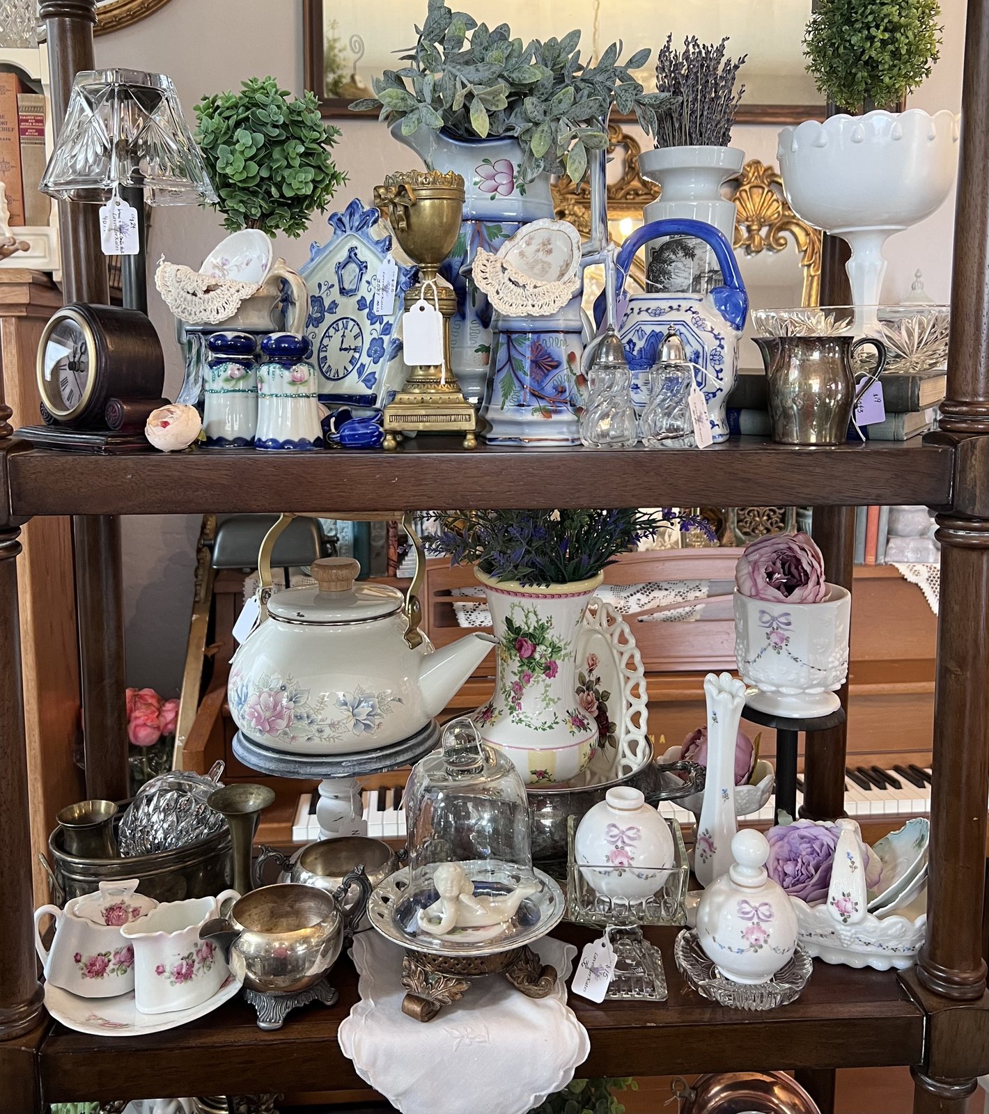 A curated shelf of blue and white porcelain