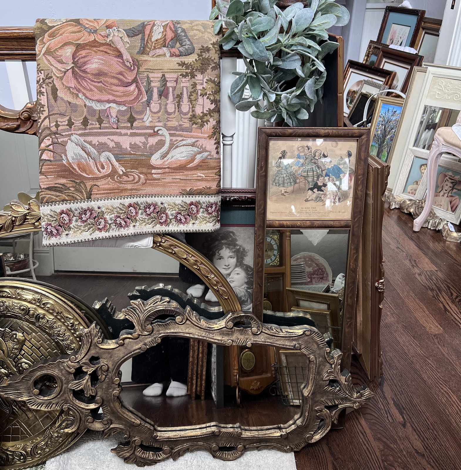 A curated shelf of vintage decor