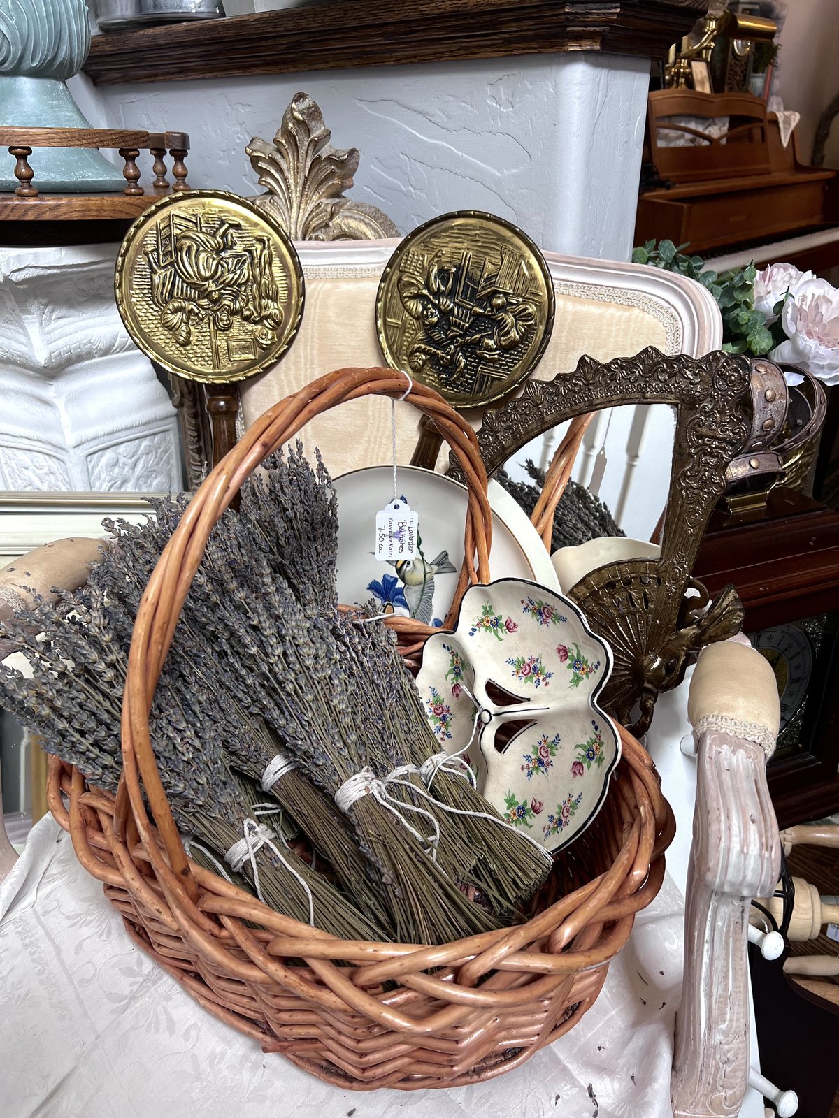 A wicker basket of dried lavender bundles
