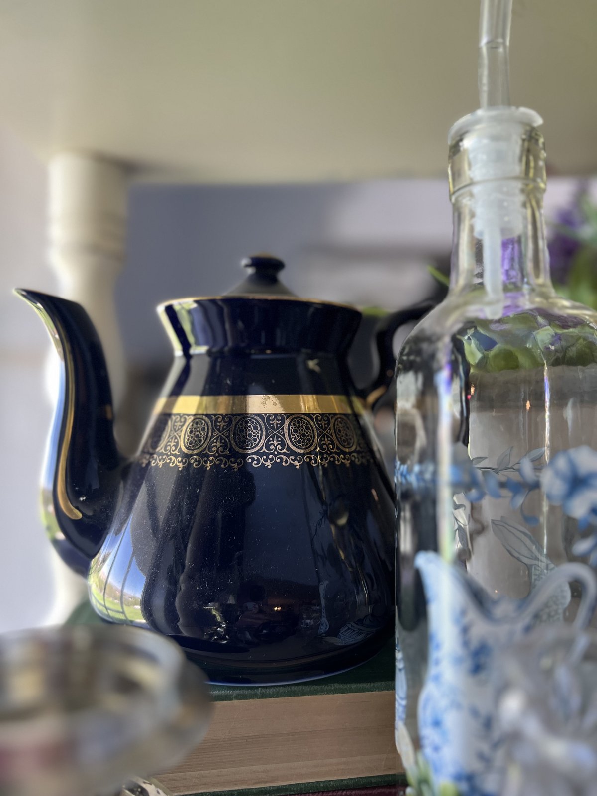 Cobalt blue porcelain teapot with gold banding