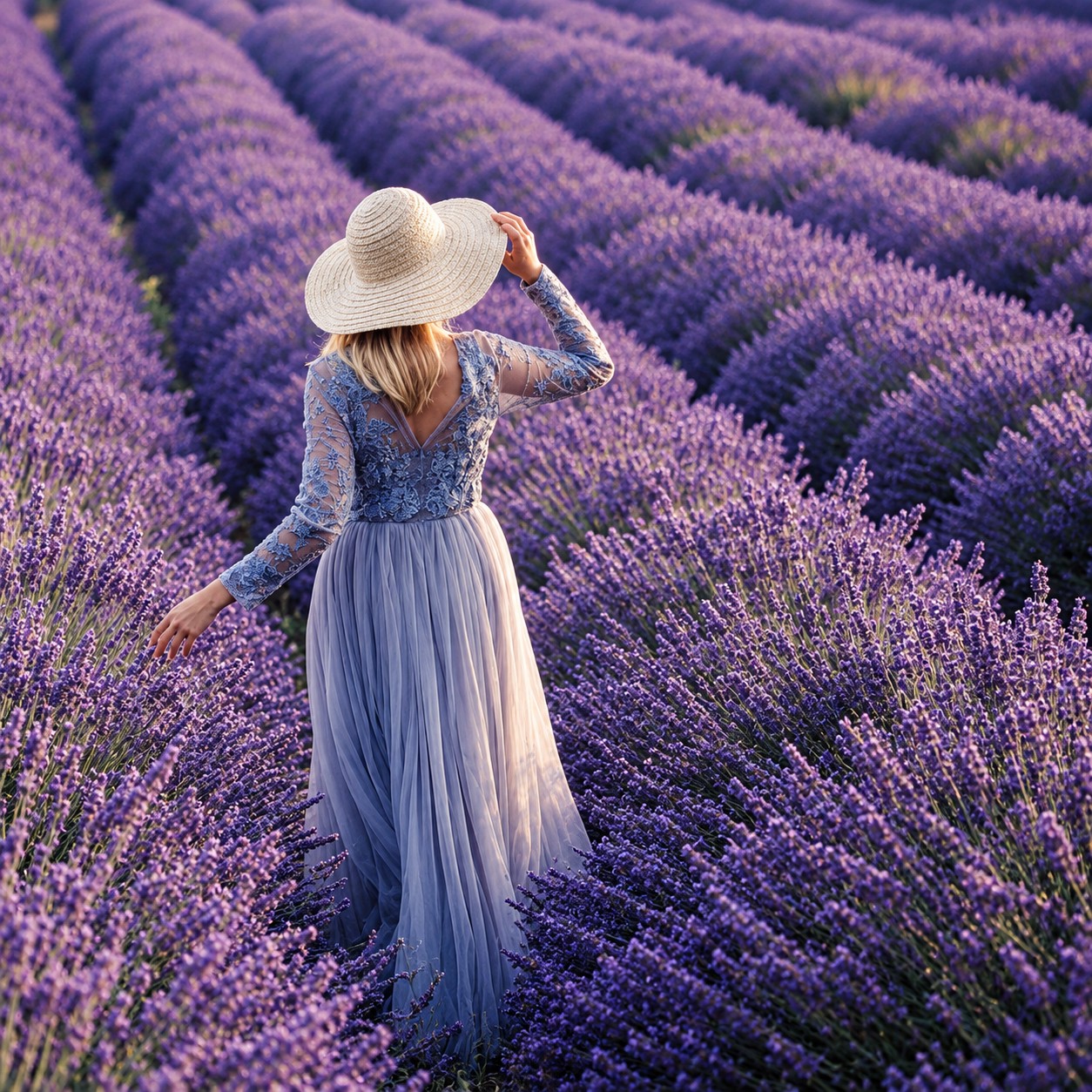 A woman in a lavender field at golden hour